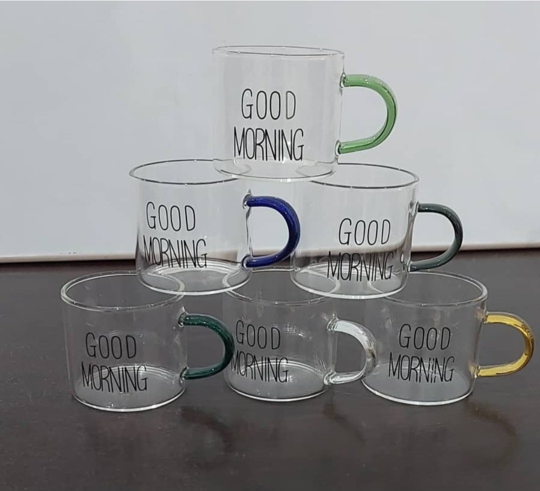 فنجان مدا شات قهوه خوری پیرکس دسته رنگی طرح GOOD MORNING