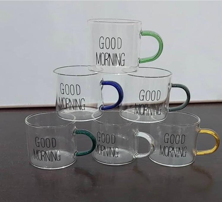 فنجان مدا شات قهوه خوری پیرکس دسته رنگی طرح GOOD MORNING